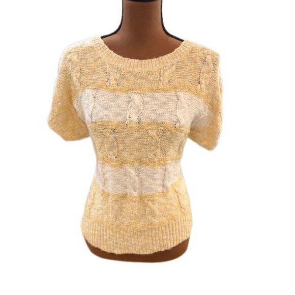 VINTAGE 80’s Together! Cable Knit Short Sleeve Sweater with Ribbed Cuffs & Hem - Picture 1 of 8